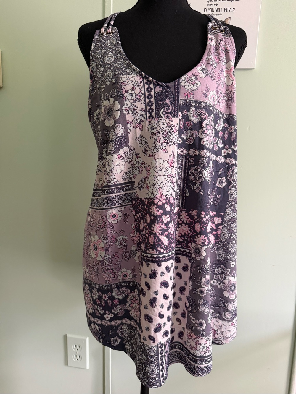 Sleeveless Patchwork Floral Spaghetti Strap Mini Dress Tank- Multicolor - Size L